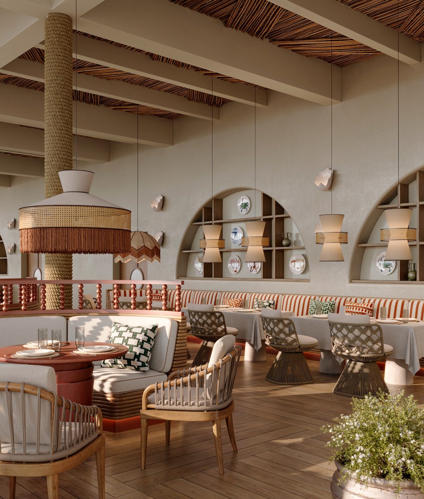 Banquette seating beneath plate-lined arches