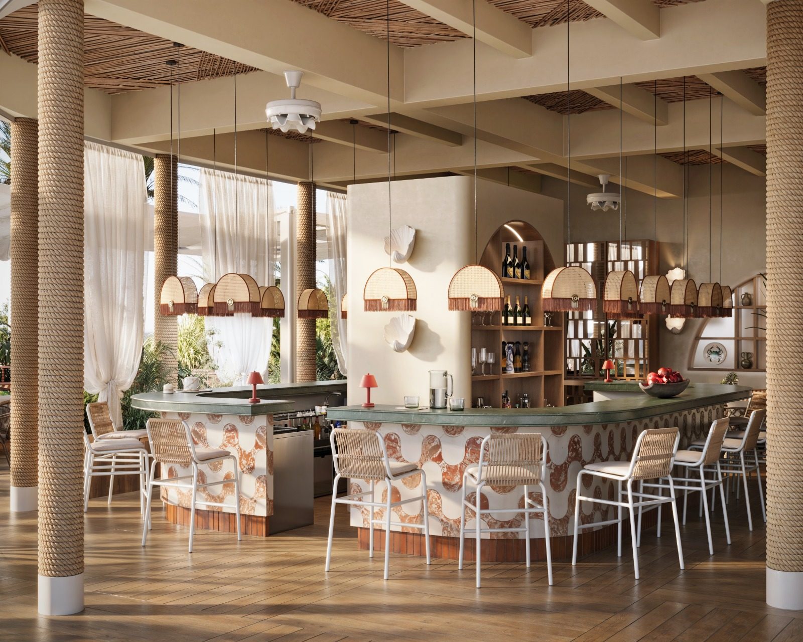 Curved bar with marble front and rattan pendants